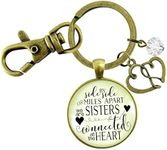 Sister Keychain Side by Side Long Distance Boho Style Bronze Jewelry for Women Key Ring - Handmade Glass Family Pendant, Double Heart Charm, Gift Package Meaningful BFF Friends Message Card & Box