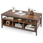 COSTWAY Industrial Coffee Table, 43” Wood Accent Tea Table with Open Shelf & 6 Storage Cubbies, Rectangle Center Table for Living Room, Reception Room, Bedroom