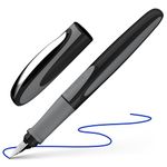 Schneider Ray Fountain Pen, Blue Ink, Onyx Barrel, Rubberize Grip, Right Handed Medium Iridium Tip, Refillable, Erasable Blue Ink, 1 Each (168207)