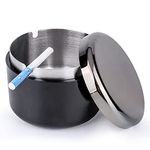 Smokeless Ashtray with Lid Ash Tray with Stainless Steel Liner Inside Cool Ashtrays for Cigarettes Outdoor Patio Home Office Tabletop (Black)