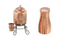 Copper-Master Pure Copper Water Dispenser 5 Litre with 1 Copper Glass and Metal Stand, Modern Bedside Bedroom Pure Copper Water Bottle Jar with Pure Copper 1 Litre