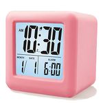 Plumeet Digital Alarm Clock Kids Alarm Clock with Snooze and Nightlight - Easy Setting Silicone Clock Display Time, Date - Loud Alarm Clock for Bedroom - Battery Powered (Baby Pink)