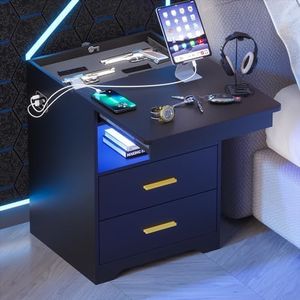 Gurexl LED Nightstand with Gun Drawer, Modern Beside Table with Charging Station, Auto Sensor 3 Color Dimmable Night Stand with Open Compartment for Bedroom