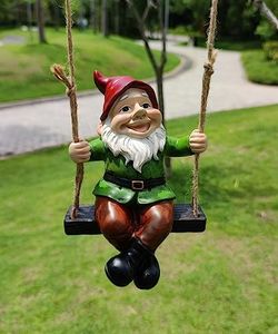Outdoor Funny Garden Gnomes On Swing Statue Dwarf Figurines Ornament Resin Sculpture Gnome for Garden Pation Yard Lawn Porch Christmas Tree Indoor Home Decoration New Year Gift