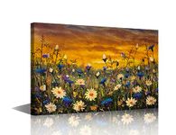 TISHIRON Wall Art Canvas Prints,White and Blue Cornflowers Oil Paintings Prints Landscape Impressionism Artwork Daisies Flowers Framed for Living Room Bedroom Home Decor 60x90 CM