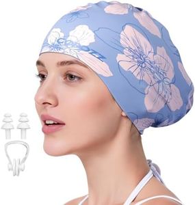 COPOZZ Extra Large Swim Cap for Women - Super Stretchy & Waterproof Silicone, Fits All Hair Types Long Short Thick Curly & Dreadlocks, Includes Earplugs & Nose Clip（Blue Flower）