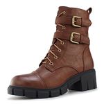 Hawkwell Women's Combat Boots Zipper Buckle Chunky Heel Ankle Booties,Brown PU,10 M US