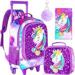 3PCS Rolling Backpack for Girls, Kids Unicorn Roller Bookbag with Wheels, Wheeled School Bag Set for Elementary - Purple