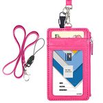 wisdompro Badge Holder with Zipper and Lanyard, 2-Sided PU Leather ID Badge Holder with Side Zipper Pocket, 5 Card Slots and 1 PCS 20 inch PU Leather Neck Lanyard Strap - Hot Pink (Vertical)