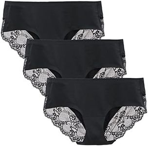 LIQQY Women's 4 Pack Cotton Lace Coverage Seamless Brief Panty Underwear Mid-Waisted Underpants (Small, Black/3Pk)