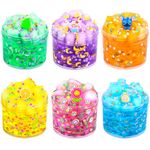 6 Pack Jelly Cube Crunchy Slime Kit, with Yellow, Pink, Purple, Green & Blue Clear Crunchy Slime, Super Soft Sludge Toy with Cute Charms, Valentine Party Favors Slime for Girls and Boys