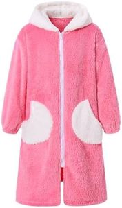 Funnycokid Girls Bathrobe Size 12-14 Rose Fleece Robes Teen 13 Big Solid Color Kids Zip Soft Bath Robe Plush Sleepwear Long Sleeve Pajamas