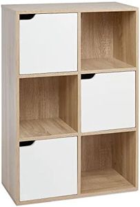Mondeer Étagère de Rangement, Bibliothèque avec 6 Cubes Moderne en Bois Inclus 3 Portes et 3 Ouvertes, pour Salon ou Bureau, 60 D x 30 W x 90 H cm, Blanc et Chêne
