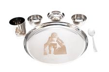 Va Sun S K Metal Customised/Custom Laser Print Stainless Steel Dinner Set - 3 Bowls, Glass, Spoon, Plate (12 inch Plain;Steel Grey)