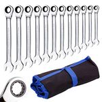 Qnkaa Ratchet Spanner Set Combination Wrench 12 Piece Metric Sizes from 8mm to 19mm with Roll Bag, Perfect for Home, Bike, Car Repairs