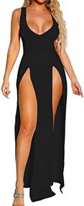 AZHONG Women's Sexy One Piece Outfits Dress Sleeveless Deep V Neck High Split Bodycon Clubwear Maxi Dresses, Black, Small