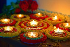 AVIKALPINDIA Artificial Flower Rangoli for Diwali Decoration with Fragranced/Scented Tealight diyas Candles (Red & Yellow), Pack of 9 Pieces