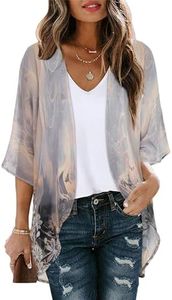 Women's Floral Print Puff Sleeve Kimono Cardigan Loose Cover Up Casual Blouse Tops (Grey Gold Floral,XL)