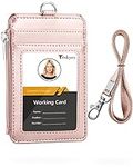 Teskyer Badge Holder with Side Zip Pocket, Multiple Card Slots Leather ID Holder Wallet with Neck Lanyard for Office Staffs, Teachers/Students, Couriers, Workers, Rose Gold