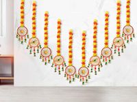 DRYPHON Artificial Marigold Flowers for Decoration with Pom Pom Ring Bell Hanging Garlands for Home Decoration for Diwali Decoration Items | Wedding | Puja Decoration Items for Home (Pack of 10)