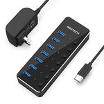 Powered USB Hub RSHTECH Type C to 7 Port USB 3.0 Data Port Hub Expander Aluminum Portable Splitter with Universal 5V AC Adapter and Individual On/Off Switches for Laptop and PC(Black)