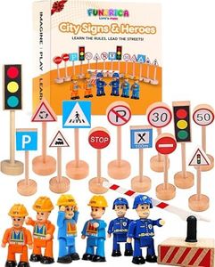 21-Set Wooden Road Signs for Kids – Toy Traffic Signs with Action Figures for Boys and Girls, Includes Traffic Light, Stop Sign, Toy People, Construction Workers, City Helpers, and Police Figures