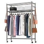 Heavy Duty Clothes Rack, Adjustable Rolling Garment Rack with Shelves, Freestanding Wardrobe Rack 1 Clothes Hanging Bar, 3 tired Wire Shelving, 4 Hanger Hooks - Hold Up to 400Lbs (Gray, 1Rod 4Hook)