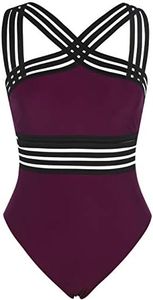 Hilor Women's One Piece Swimwear Front Crossover Swimsuits Hollow Bathing Suits Monokinis Burgundy M/US8-10