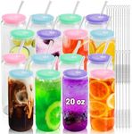 Joyclub 20 oz Glass Cups with Acrylic Lids and Straws 16pcs Can Shaped Glass Iced Coffee Cups with Lids, Drinking Jar Glasses Cute Tumbler Cup Great for Smoothie Soda Boba Tea Cocktail Beer Gift