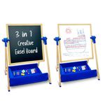 Wudly 3-in-1 Creative Easel Board for Kids – Chalkboard, Whiteboard & Storage Tray | Educational Art Station with Stand & Black Border | Writing & Drawing Board, Blue