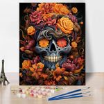 TISHIRON Paint by Numbers Kit for Adults, A Skull with Flowers Paint by Numbers with Paintbrushes and Acrylic Pigment, Skull Paint by Numbers Kit for Adults Beginner 16x20 Inch - Hallo-ween Gift