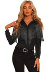 Allegra K Women's Western Fringe Blouse Long Sleeve Button Down Disco Cowgirl Shirts, Black, Medium