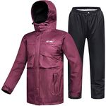 ILM Motorcycle Rain Suit Waterproof Wear Resistant 6 Pockets 2 Piece Set with Jacket and Pants Fits Women (Women's Large, Wine Red)