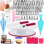 Cake Decorating Kit -RFAQK 200 PCs with Cake Turntable- Cake Leveler- 55 Numbered Piping Tips & Nozzles with Pattern Chart & E-Book- 110 Icings Bags-Straight & Offset Spatula-Scraper Set & Baking Kit