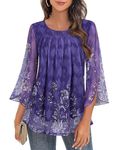 Viracy Dressy Blouses for Women Crewneck 3/4 Split Sleeve Double Layers Elastic Mesh Chiffon Tops for Wedding Guest, Buniess Casual Wear Modlily-Purple Floral, XL