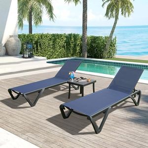 Domi Pool Lounge Chairs, Aluminum Patio Chaise Lounge with Side Table, Wheels, 5 Position Adjustable, Outdoor Lounge Chairs for Beach, Yard, Balcony, Poolside, Navy Blue