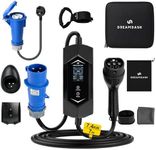 EV Charger 7kw Type 2, Blue CEE 32A Plug & UK 3 Pin adapter, 7m/23ft Length, adjustable 6-32A current 1-12h time delay, Screen, IP65, Working -30℃ to 50℃, Portable Electric Car Charger for BEV & PHEV