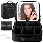 Travel Makeup Bag with LED Mirror - Cosmetic Bag Makeup Organizer Bag with 3 Color Adjustable Light, Detachable Mirror, Waterproof Makeup Case with Adjustable Dividers for Women