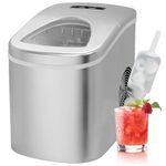 Techomey Bullet Ice Maker, 26 Lbs/24H, 9 Ice in 6mins, Self Cleaning Small Ice Machine Countertop, Countertop Ice Maker with Ice Scoop and Basket, 2 Sizes of Bullet Ice Cubes for Home, Office, Silver