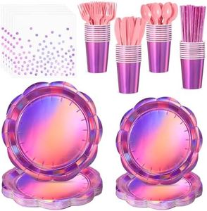 NatNarr 200 Pcs Pink Plates and Napkins Party Supplies, 25 Guest Scalloped Iridescent Pink Plates Napkins Cups Set Holographic Pink Party Decorations for Birthday, Mermaid, Disco Party