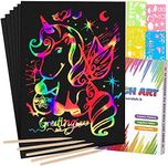 Mocoosy 60 Pcs Scratch Art Paper for Kids, Rainbow Magic Scratch Off Paper Set Art Craft Kit Black Scratch Paper Sheets with 4 Stencils 5 Wooden Stylus for Birthday Party Favors Game Activities