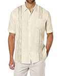 COOFANDY Men's Short Sleeve Linen Shirt Cuban Beach Tops Pocket Button Down Shirts Cream