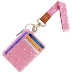 WAVEYU Pink Glitter Lanyard Wallet for Women Girls, Slim RFID Blocking Credit Card Case Holder Wristlet Zip ID Case Wallet Small with 6 Card Slots,1 ID Window, 1 Zipper Pocket, Glitter Pink