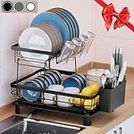 Dish Drying Rack,SEENWUUN Dish Rack,Drying Rack Kitchen for Counter,Drying Rack Dishes with Removable Utensil Holder,Drainboard and Swivel Spout(Black,2 Tier)