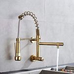 InArt Single Lever Wall-Mounted Kitchen Sink Tap 360° Swivel Pull-Down Sprayer Kitchen Faucet with Multi-Function Spray Head (Gold Color)