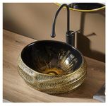 MEJE 44cm Oval Bathroom Sink Antique Pattern Design Artistic Over Counter Top Vanity Ceramic Vanity Sink Vintage Gold (Includes Pop-up Drain)