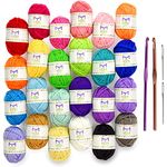 Mira Handcrafts 24 Acrylic Yarn Bonbons | Total of 525 yards Craft Yarn for Knitting and Crochet | Includes 2 Crochet Hooks, 2 Weaving Needles, 7 E-books | DK Yarn | Perfect Beginner Kit