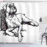 Ambesonne Boxer Dog Shower Curtain, Monochrome Illustration of an Animal Detailed Canine Hand Drawn, Cloth Fabric Bathroom Decor Set with Hooks, 69" W x 70" L, Charcoal Grey and White