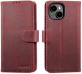 LENSUN Leather Case for iPhone 15, Genuine Leather Case [Magnetic Closure] [RFID Protection] [Genuine Leather] Mobile Phone Case Compatible with iPhone 15 5G - Retro Red