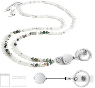 LENYNAL Lanyards for ID Badges and Keys, Beaded Lanyards for Women Natural Stone, Retractable Teacher Lanyard High-Performance Vertical Agate